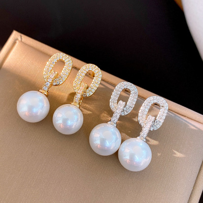 法式复古锆石椭圆形珍珠耳环