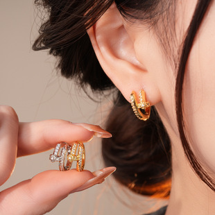 18K Gold Plated CZ Stud Hoop Earrings Korean Style