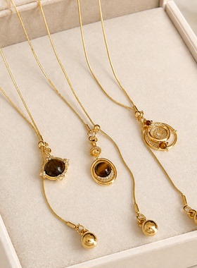 复古风锆石虎眼石圆珠流苏项链