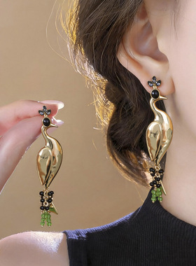 Vintage Peacock Crystal Rhinestone Metal Earrings
