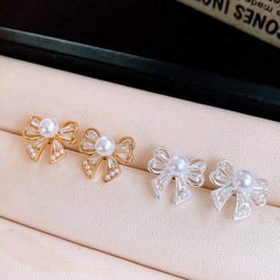 Sparkling Bow Earrings, Zircon Pearl French Vintage Studs