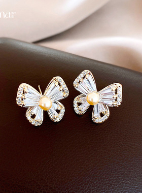 18K Gold Butterfly Earrings, Zircon Sparkling Luxury Studs