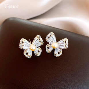 18K Gold Butterfly Earrings, Zircon Sparkling Luxury Studs
