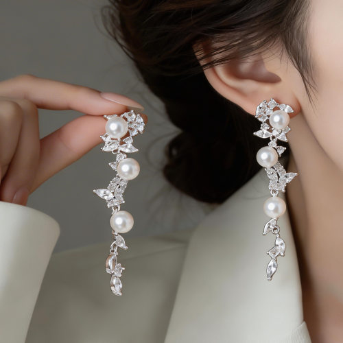 欧美夸张锆石树叶流苏珍珠耳环