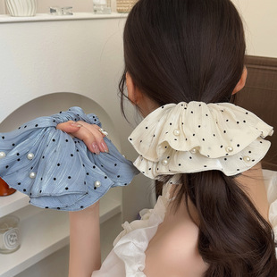 Ruffled Dot Polka Accessory Gentle Hair Scrunchie Pearl