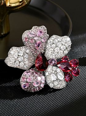 Spring Peach Blossom Brooch, Korean Zircon Floral Pin