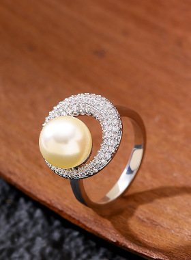 满钻锆石高亮珍珠戒指开口可调节