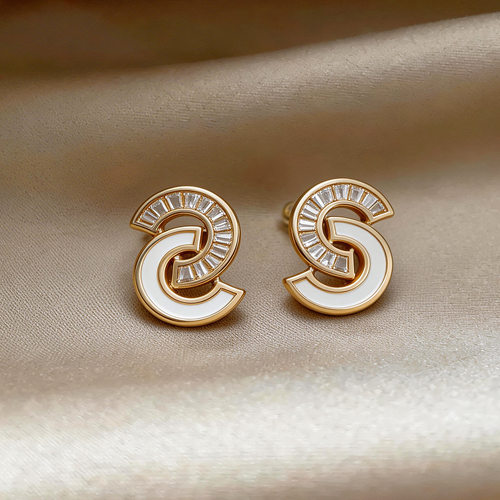 法式锆石贝母双C耳钉复古