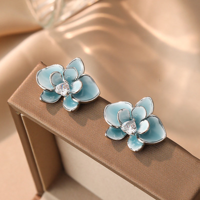 海蓝宝色滴釉花朵耳钉s925纯银针