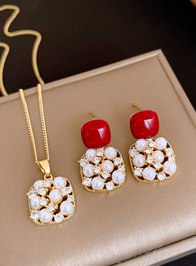 CZ Square Pendant Pearl Stud & Necklace Set Elegant