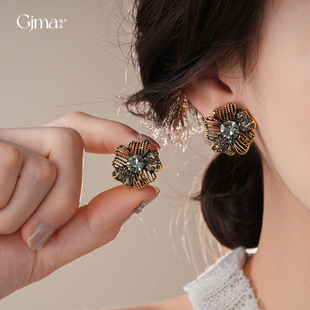 Silver Hollow Diamond Flower Earrings, Vintage Luxury Studs