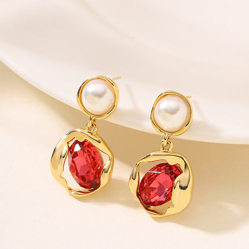 简约镶珍珠玻璃水晶耳坠耳环