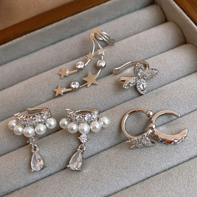 法式优雅锆石水滴吊坠珍珠耳骨夹