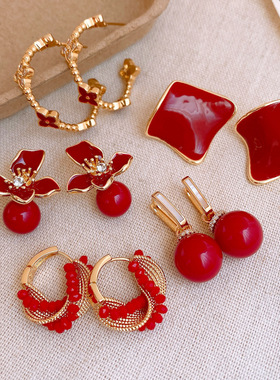 Red Enamel CZ Flower Stud Earrings Silver Needle