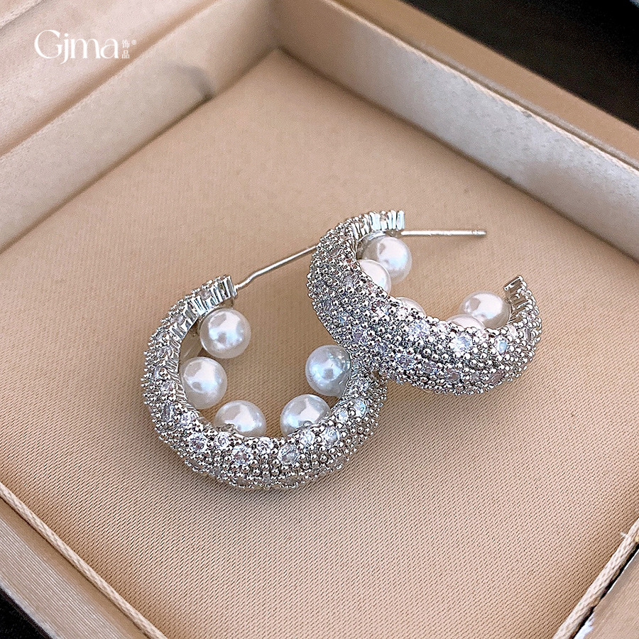 银针镶锆石C形珍珠耳钉冷淡风
