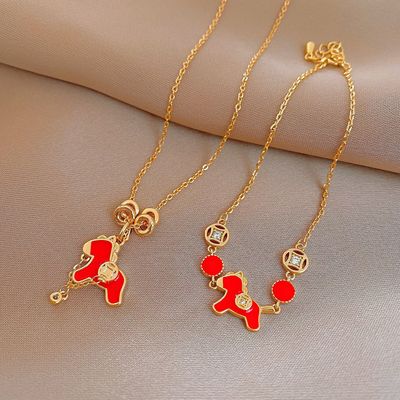 红色滴油锆石小马手链项链