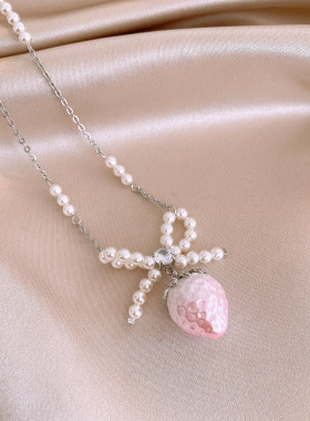 欧美跨境锆石蝴蝶结草莓珍珠项链