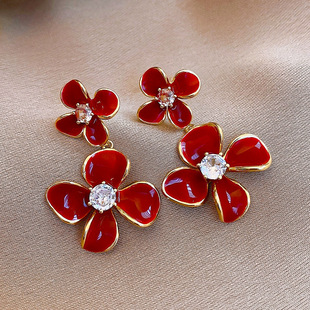 18K Gold Floral Earrings, Enamel Zircon New Year Luxury Drop