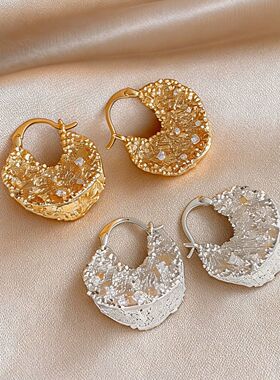 Metal Zircon Hoops, Pleated Circle Minimalist Earrings