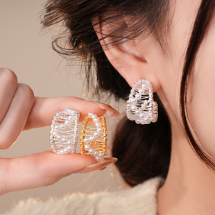 18K Gold Hollow C-Shape Pearl Stud Earrings, French Vintage