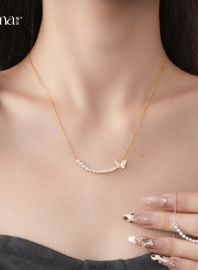 法式极简小香风锆石蝴蝶珍珠项链