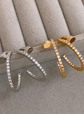 18K Gold Zircon C-Shape Stud Earrings, Chic Silver Post