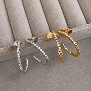 18K Gold Zircon C-Shape Stud Earrings, Chic Silver Post