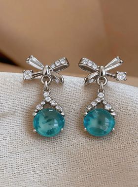Blue Tear Zircon Bow Drop Stud Earrings Elegant Women