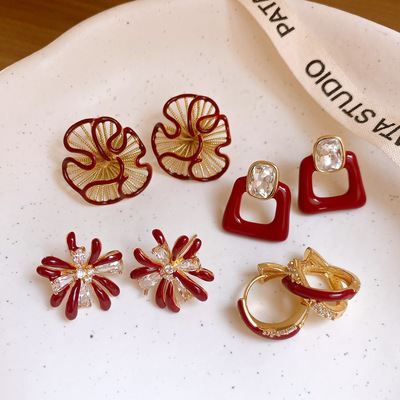 18k金电镀银针红色滴油花朵耳钉