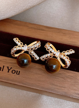 18K Gold Plated CZ Bow Tiger Eye Stud Earrings Elegant
