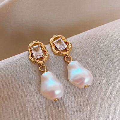 法式复古锆石不规则珍珠耳环