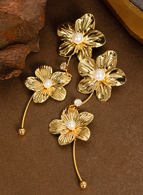 Long Pearl Flower Tassel Earrings, Chic Minimalist Style