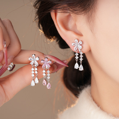 超闪锆石花朵水滴耳夹女无耳洞