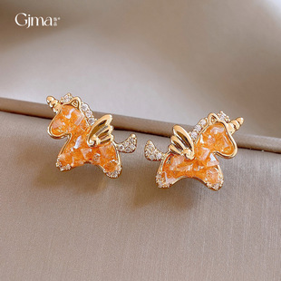 Korean Zircon Glass Red Horse Stud Earrings for Women