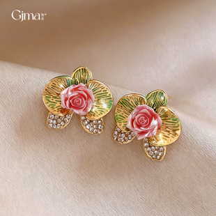 Silver Vintage Resin Flower Rhinestone Earrings Luxury Studs