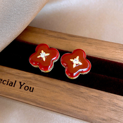 18k真金电镀锆石滴油花朵耳钉