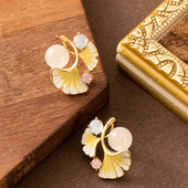 Ginkgo Silver Leaf Earrings Enamel Crystals Stud with Post