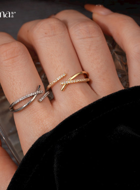 法式冷淡风锆石几何交叉开口戒指