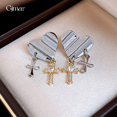 欧美跨境锆石褶皱爱心十字架耳钉