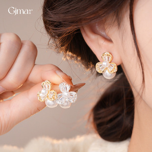 Pearl Luxury Earrings Floral Studs Zircon French