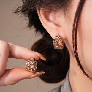 Crystal Hollow U-Shaped Hoop Earrings, Chic Silver Post