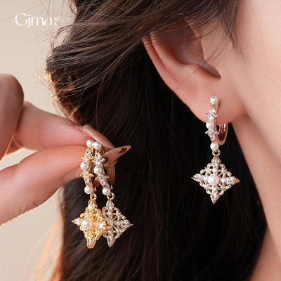 18K真金电镀镶锆石珍珠菱形耳环