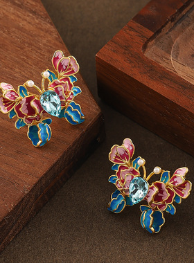 Vintage Butterfly Studs, Enamel 3D Diamond Earrings