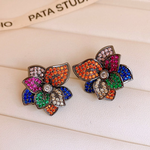 Vintage Crystal Colorful Flower Stud Earrings, Silver Post