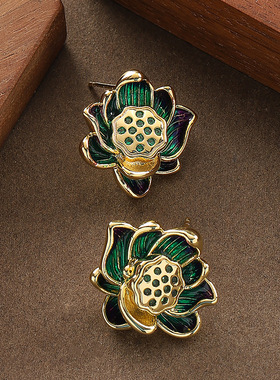 French Vintage Enamel Lotus Pod Stud Earrings Silver Needle
