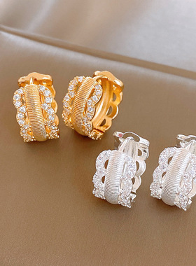 18K Gold Circle Ear Cuffs, Zircon Textured Vintage Earrings