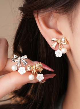 18K Gold Bow Earrings, Zircon Pearl Floral Clip-Ons Luxury