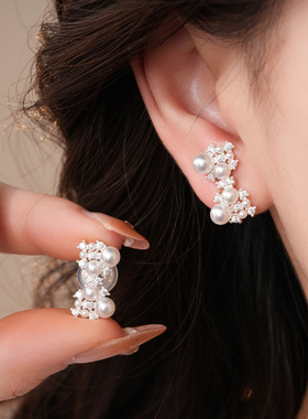 14K Gold Plated CZ Bow Pearl Ear Cuff Clip-On Earrings