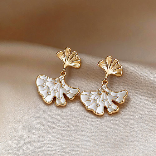 锆石扇形银杏叶耳环轻奢感耳钉