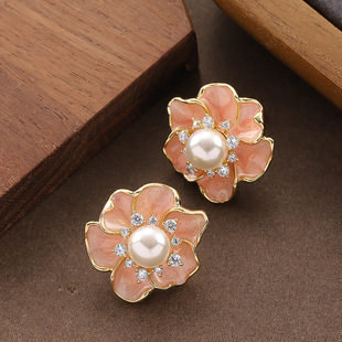 Floral Diamond Studs Pearl Earrings Forest Enamel